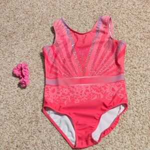Pink Rhinestone Gymnastics Leotard with Scrunchie